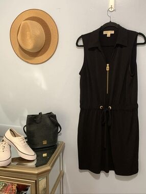 Michael Kors Black Sleeveless Drawstring Zip Front Dress with Gold Hardware